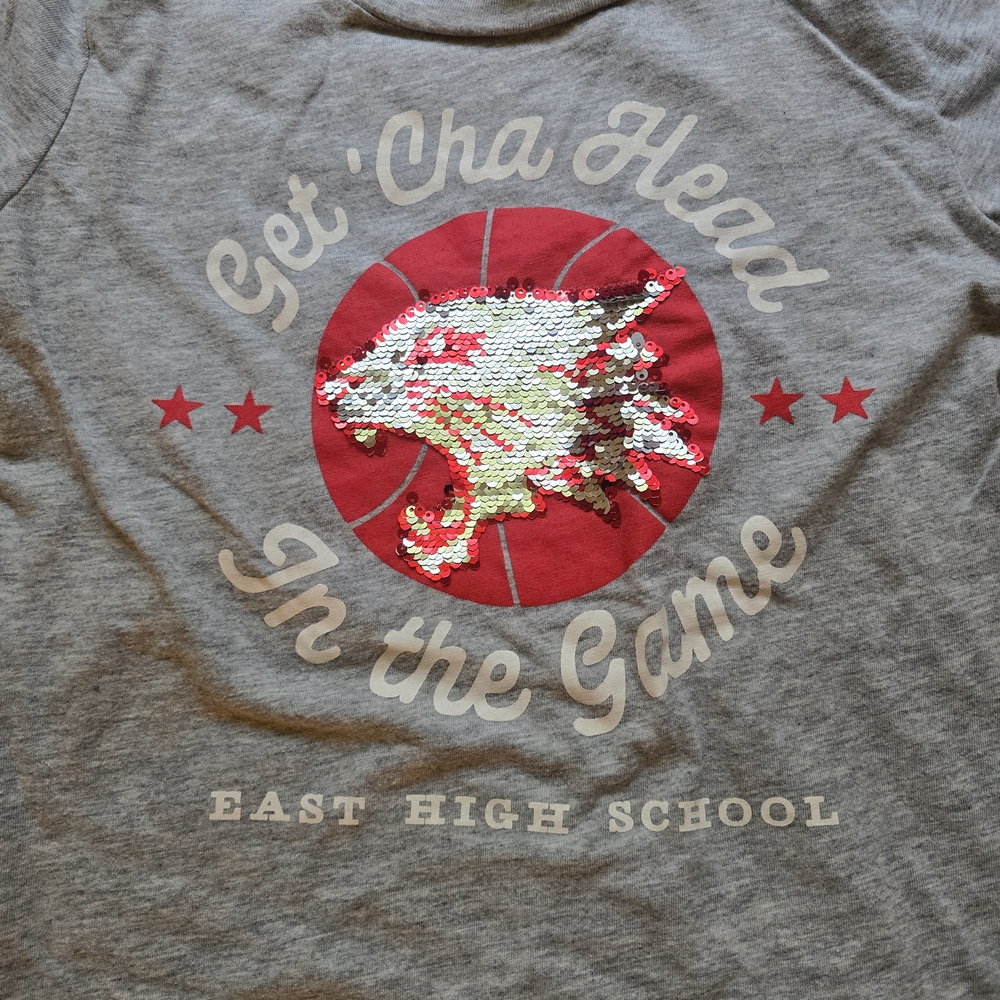 Get 'Cha Head In the Game HSM Gray Graphic Tee w/ Red and White Sequin Design